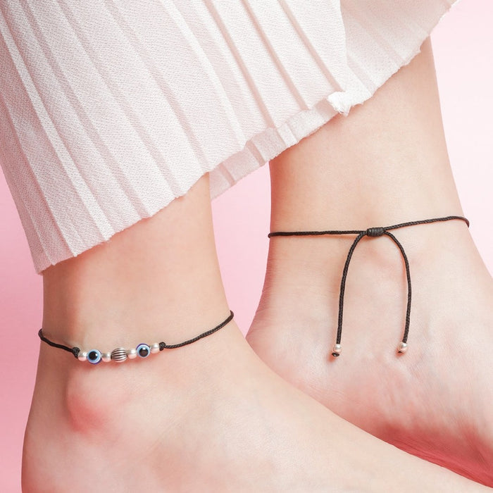 Dual Evil Eye Rhodium Plated 925 Sterling Silver Thread Anklet