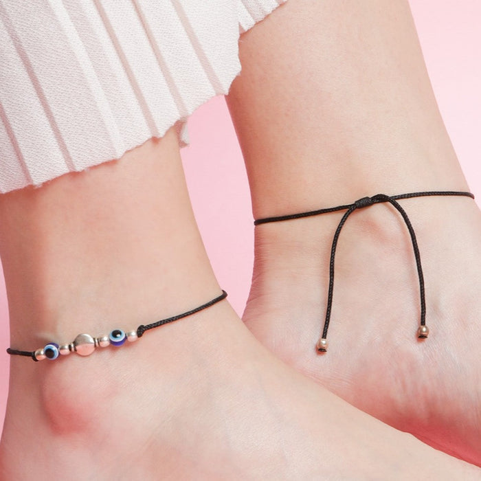 Dual Evil Eye Rhodium Plated 925 Sterling Silver Thread Anklet