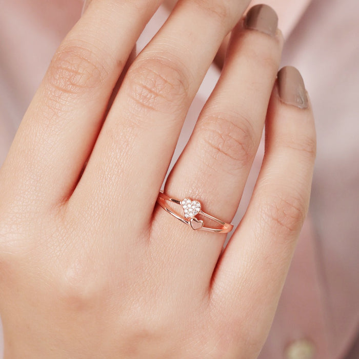 Dual Heartbeat Rose Gold Plated 925 Silver Ring Her (Adjustable)