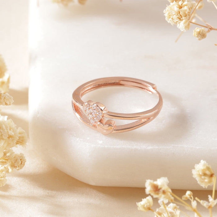 Dual Heartbeat Rose Gold Plated 925 Silver Ring Her (Adjustable)
