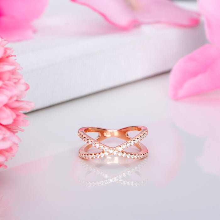 Dual Line CZ Rose Gold Plated Sparkle 925 Sterling Silver Ring (Onesize)