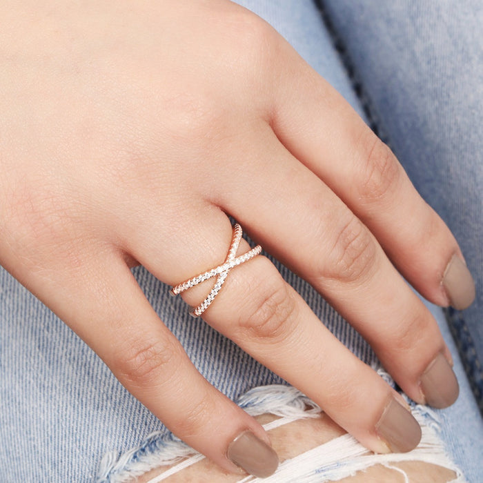 Dual Line CZ Rose Gold Plated Sparkle 925 Sterling Silver Ring (Onesize)