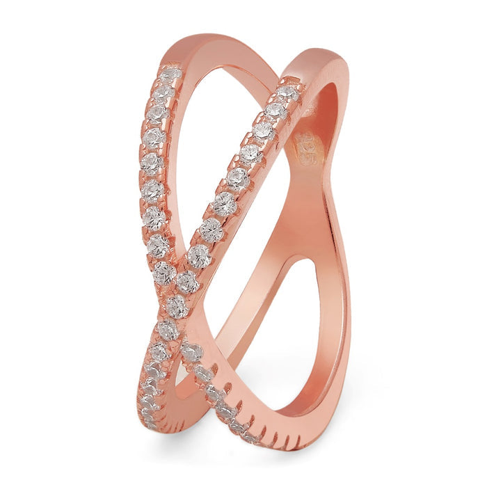 Dual Line CZ Rose Gold Plated Sparkle 925 Sterling Silver Ring (Onesize)