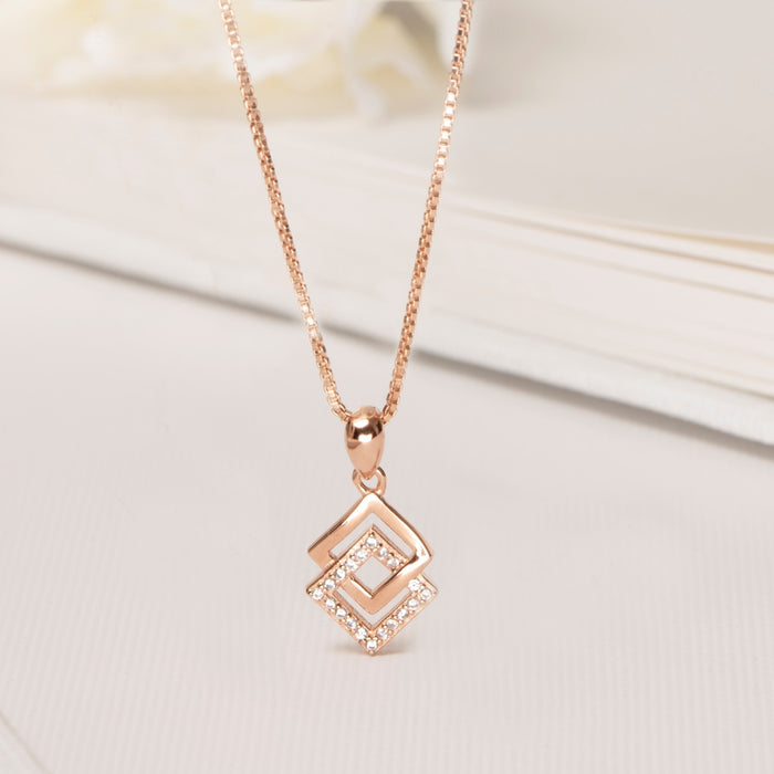 Dual Square Delight CZ Rose Gold-Plated 925 Sterling Silver Pendant with Chain