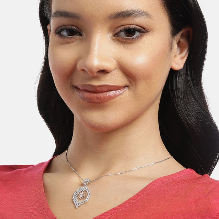 Dual Tone CZ Brilliance 925 Sterling Silver Pendant with Box Chain
