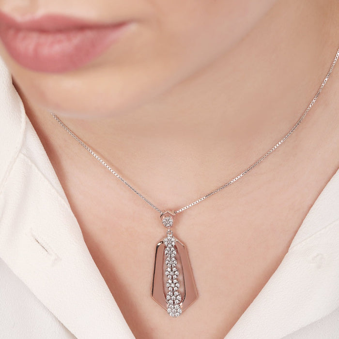 Dual Tone Floral CZ Blossom Abstract 925 Sterling Silver Pendant with Chain