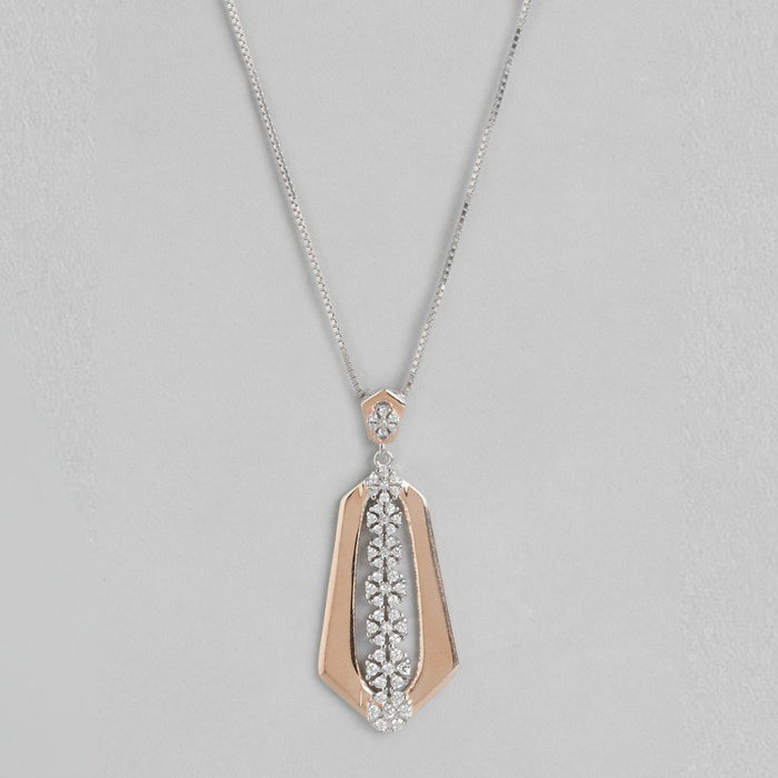Dual Tone Floral CZ Blossom Abstract 925 Sterling Silver Pendant with Chain