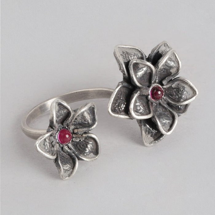 Duo Flower Oxidised 925 Sterling Silver Ring for Women (Adjustable)
