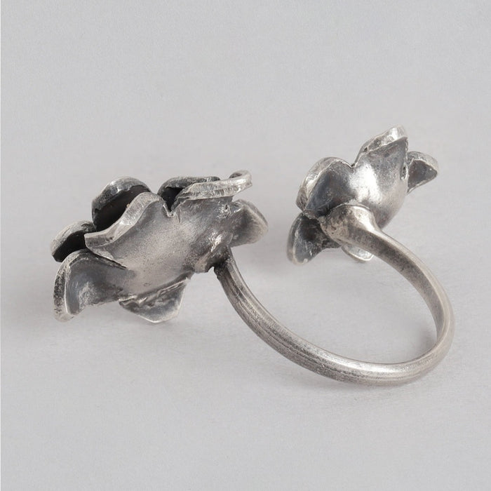 Duo Flower Oxidised 925 Sterling Silver Ring for Women (Adjustable)