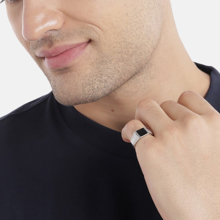 Dynamic Elegance Rhodium-Plated 925 Sterling Silver Ring for Him (Adjustable)