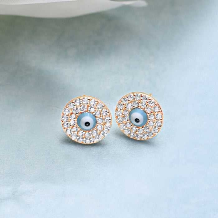Edgy Evil Eye Cubic Zirconia Studs 925 Silver Earrings in Rose Gold