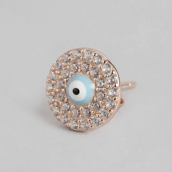 Edgy Evil Eye Cubic Zirconia Studs 925 Silver Earrings in Rose Gold