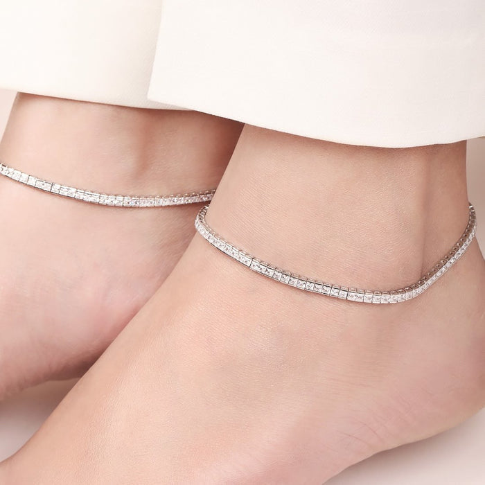 Elegance CZ Rhodium Plated 925 Sterling Silver Anklet