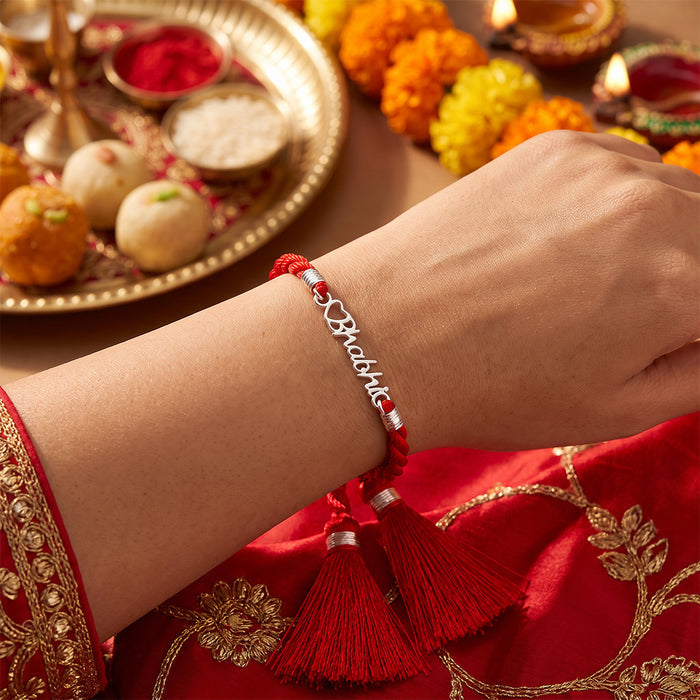 Elegant Bhabhi With Heart Charm Rhodium-Plated Thread Rakhi For Her