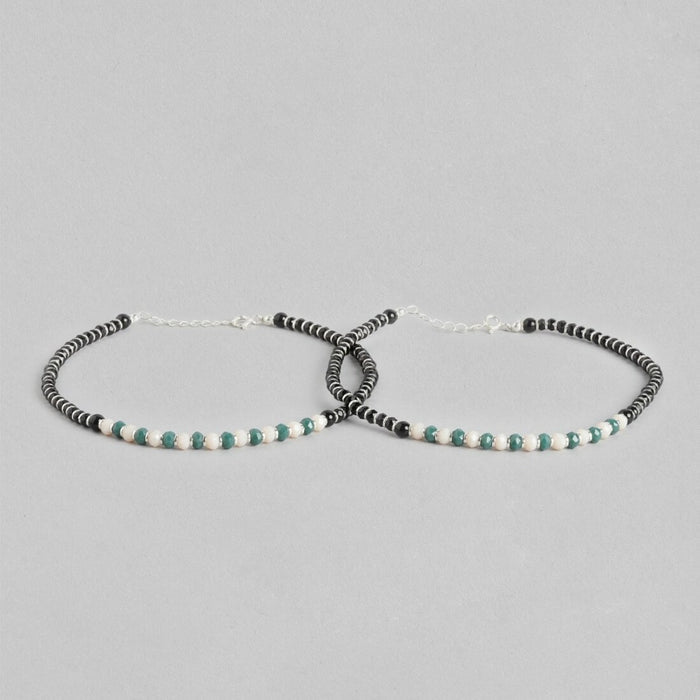 Elegant Enigma Rhodium Plated Black Bead Anklet in 925 Sterling Silver