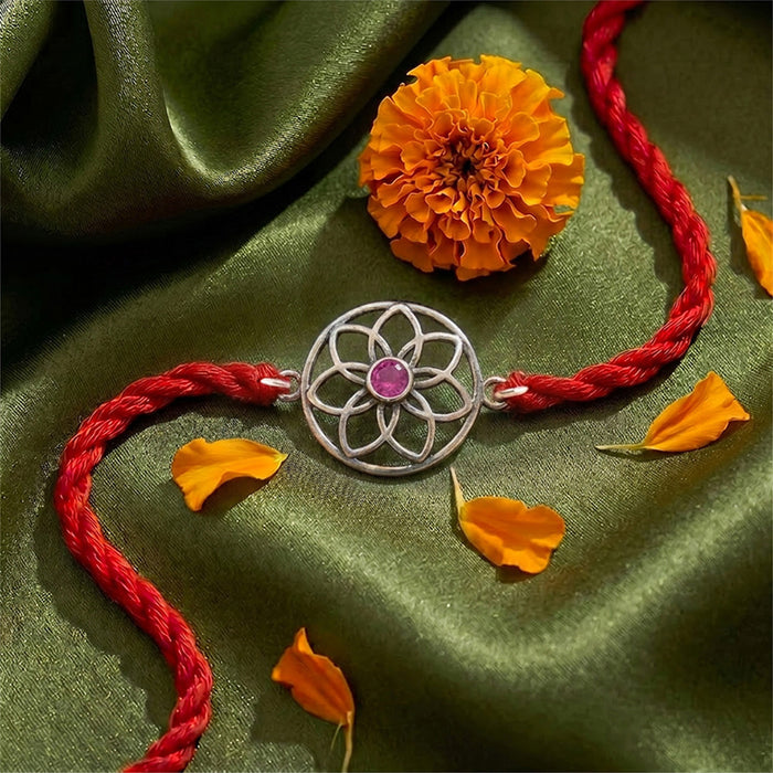 Elegant Floral Mandala for Bhaiya and Bhabhi Silver Rakhi Combo
