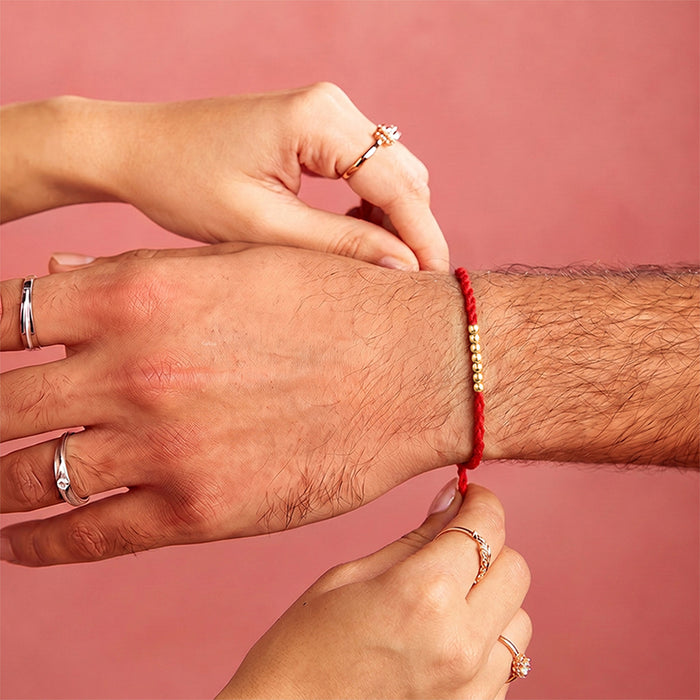 Elegant Golden Beads Sterling Silver Thread Rakhi For Him