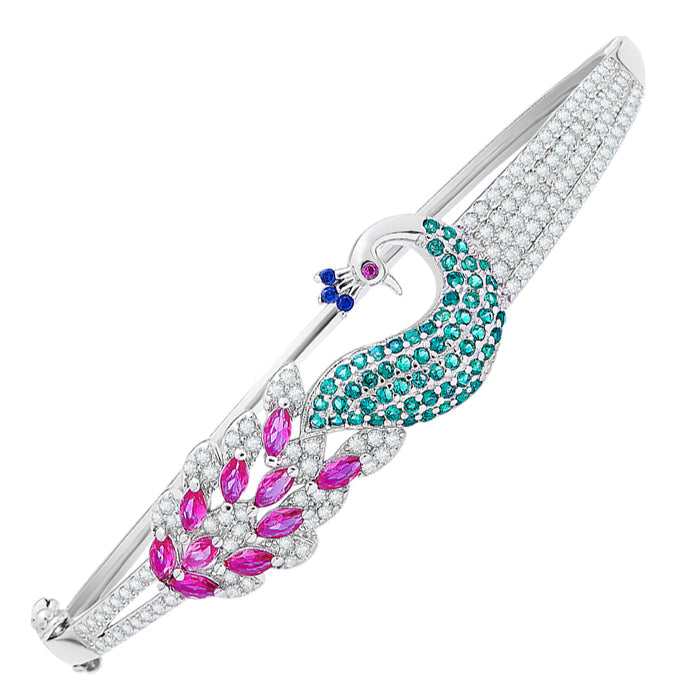 Women's 925 Sterling Silver peacock bracelet with sparkling pink and green crystals. Fine jewelry – Zavya
