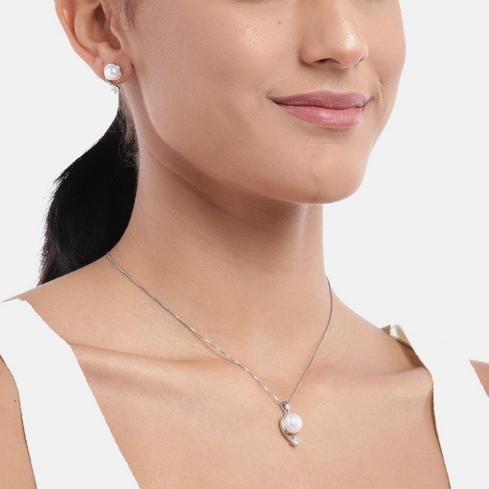 Elegant Pearl 925 Sterling Silver Rhodium Plated Jewellery Set