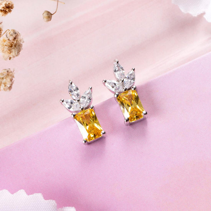 Elegant Petals Rhodium Plated Golden CZ 925 Sterling Silver Stud Earrings