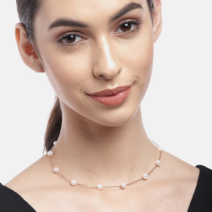 Elegant Snake Chain Pearl 925 Silver Necklace in Rose Gold