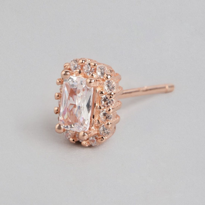 Elegant Solitaire Cubic Zirconia Rose Gold-Plated 925 Sterling Silver Earrings