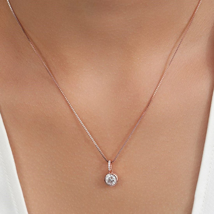 Elegant Solitaire Rose Gold Plated 925 Silver Pendant with Chain