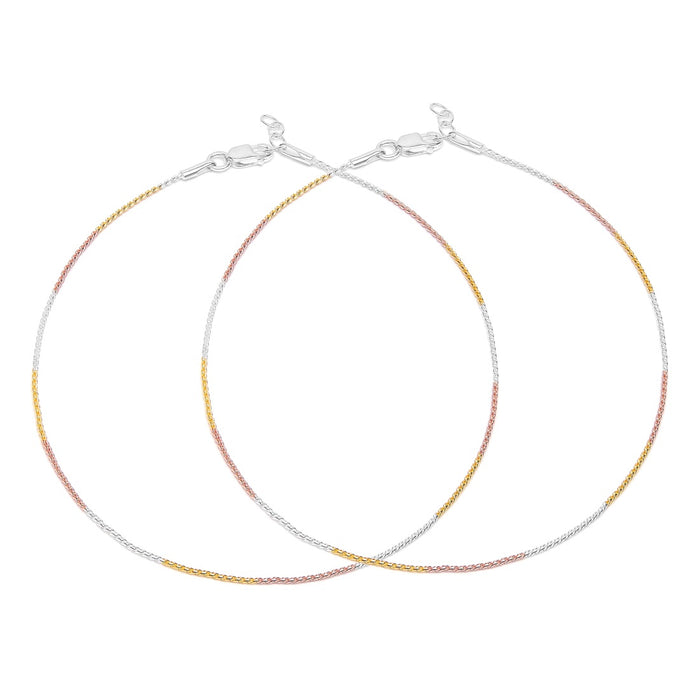 Elegant Triple Tone Plated 925 Silver Rope Chain Anklet