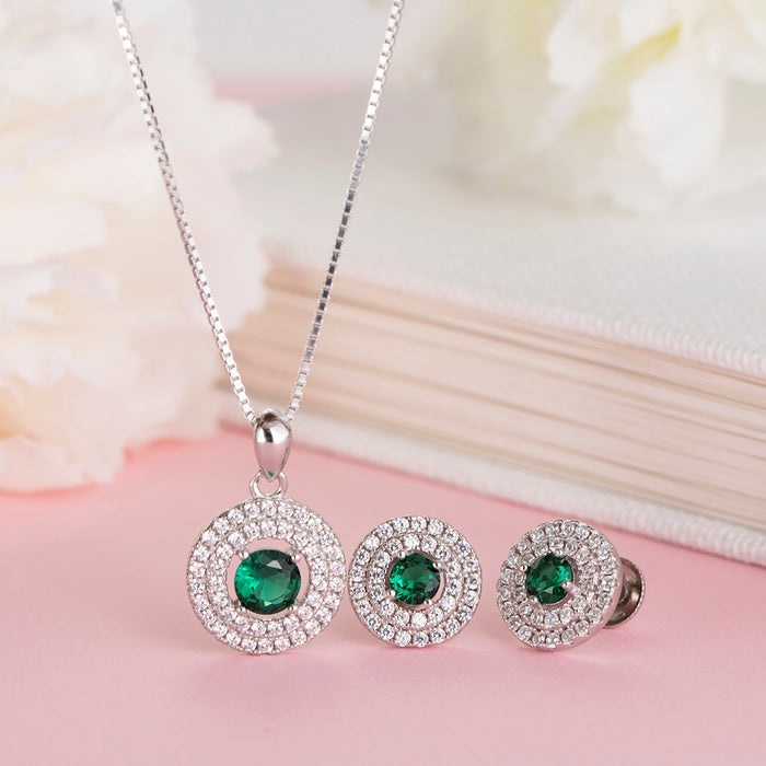 Emerald Elegance Rhodium-Plated CZ 925 Sterling Silver Jewelry Set
