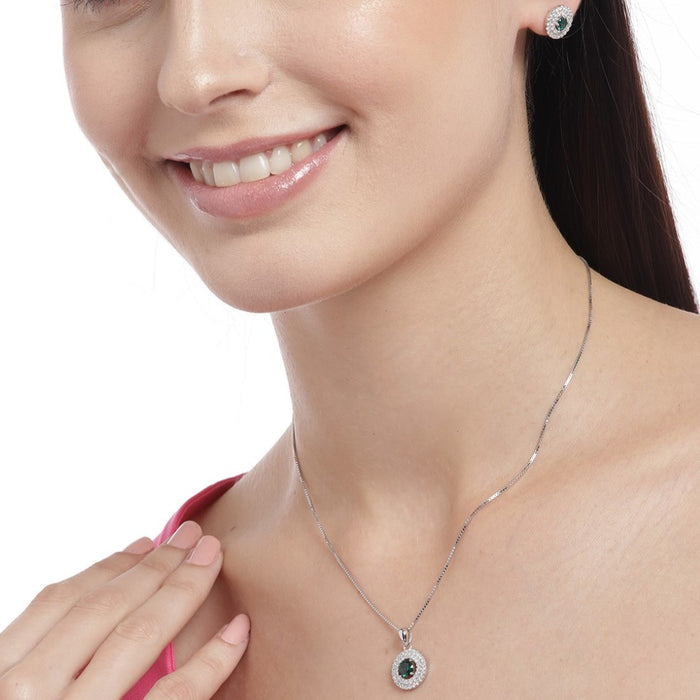 Emerald Elegance Rhodium-Plated CZ 925 Sterling Silver Jewelry Set