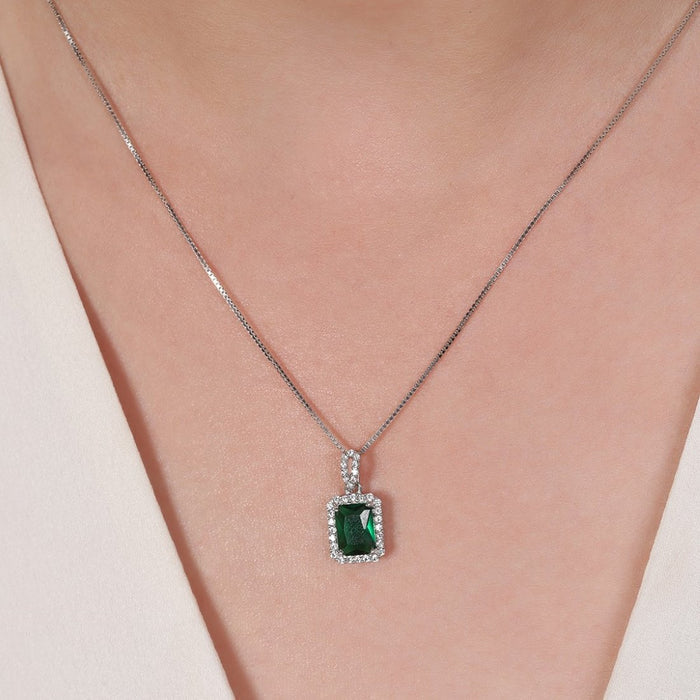 Emerald Radiance CZ Rhodium Plated 925 Silver Pendant with Chain
