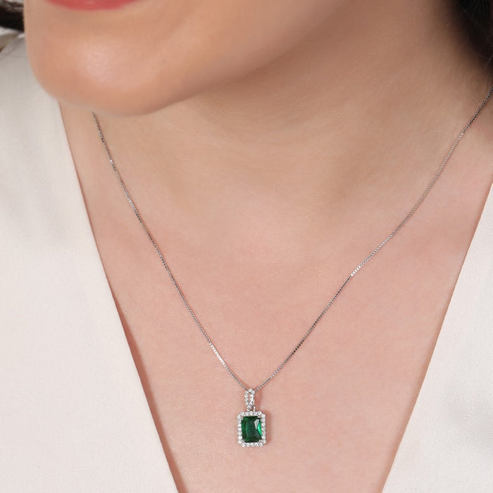 Emerald Radiance CZ Rhodium Plated 925 Silver Pendant with Chain