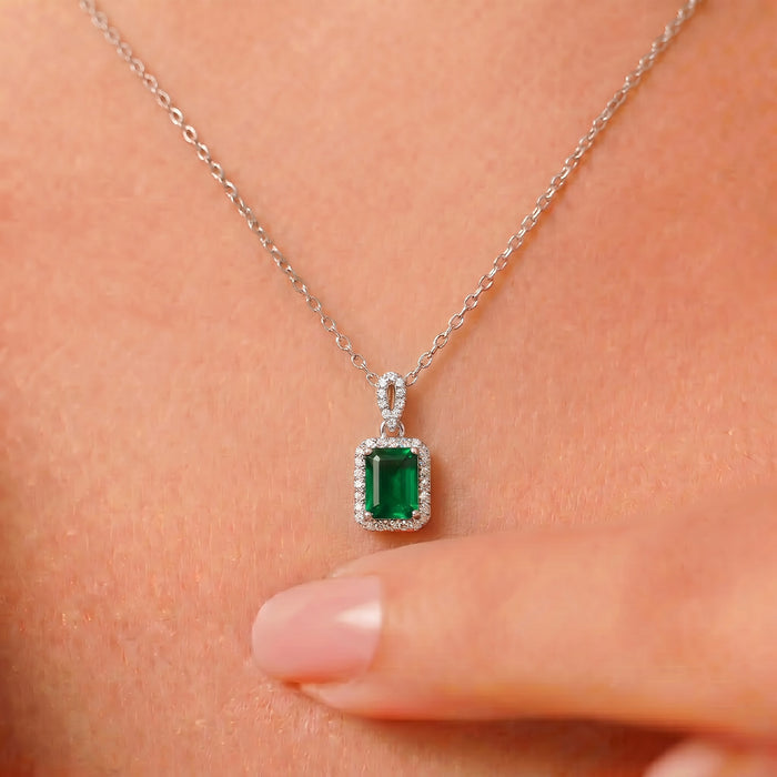Emerald Radiance CZ Rhodium Plated 925 Sterling Silver Pendant with Link Chain