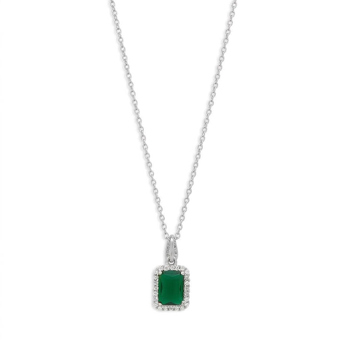Emerald Radiance CZ Rhodium Plated 925 Sterling Silver Pendant with Link Chain
