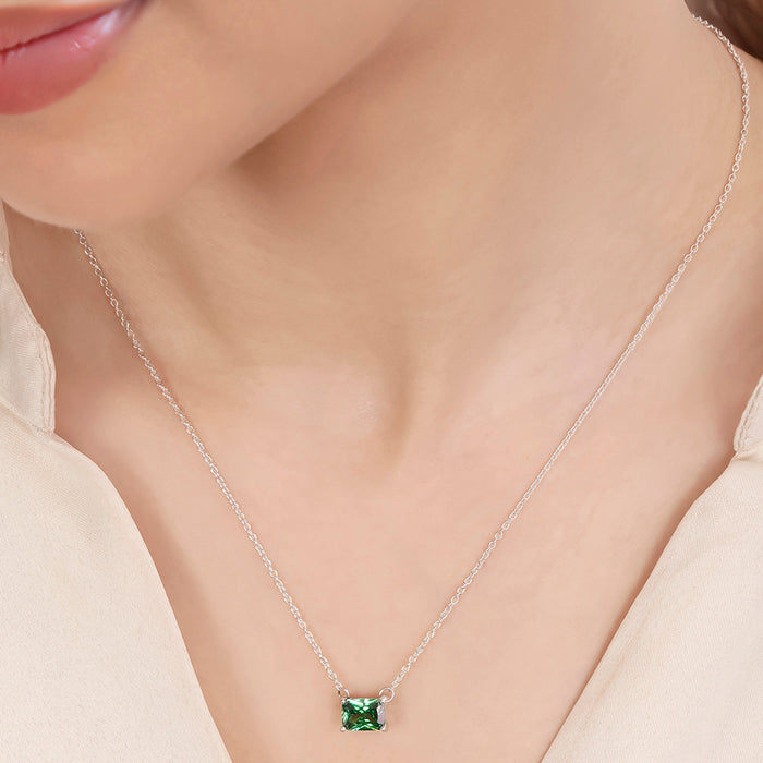 Emerald Solitaire Rhodium Plated 925 Sterling Silver Necklace