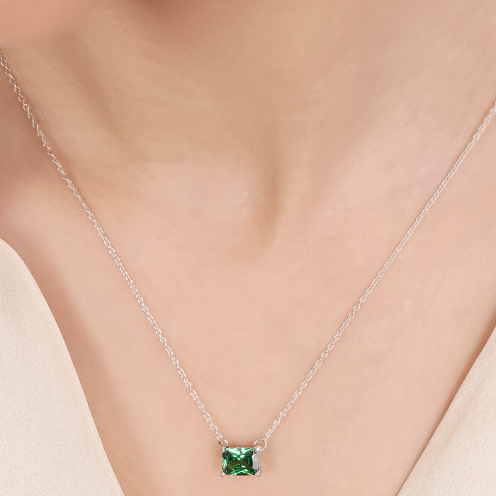Emerald Solitaire Rhodium Plated 925 Sterling Silver Necklace