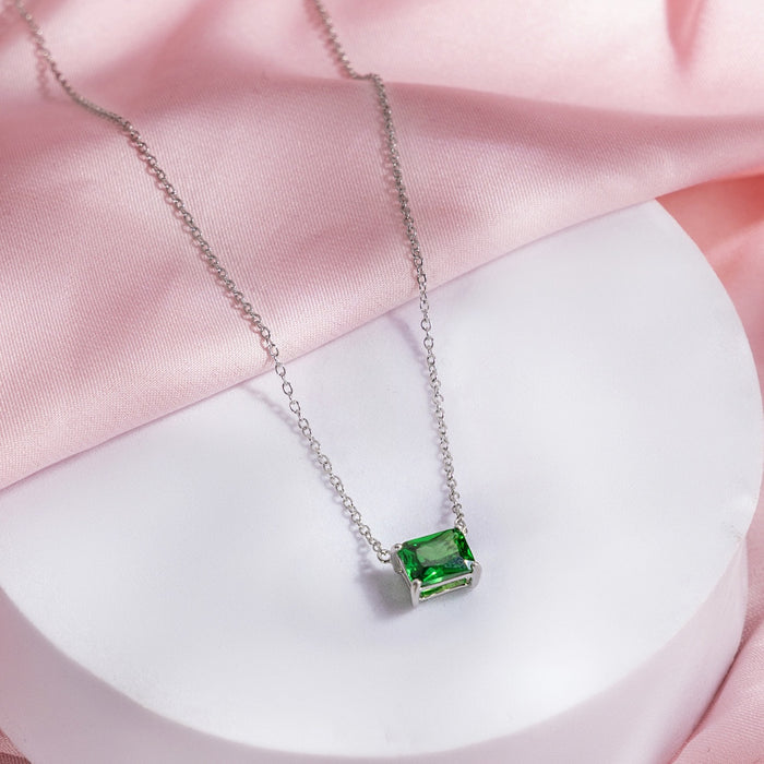 Emerald Solitaire Rhodium Plated 925 Sterling Silver Necklace