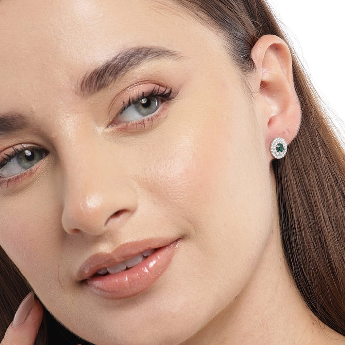 Emerald Solitaire Sparkle Rhodium-Plated CZ 925 Sterling Silver Earrings