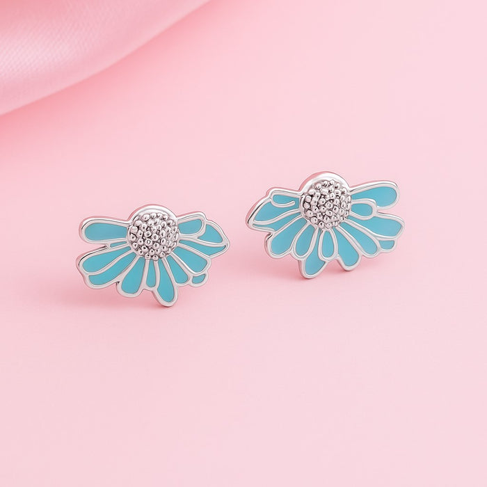 Enamel Flower Rhodium Plated 925 Sterling Silver Earrings