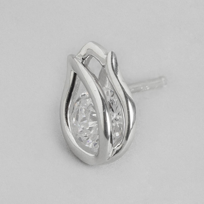 Encased Solitaire Rhodium Plated 925 Sterling Silver Studs