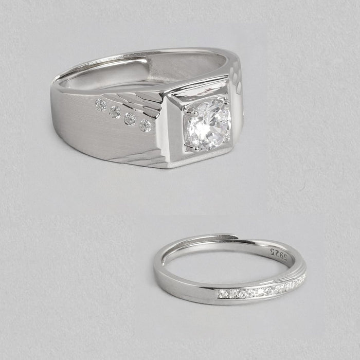 Enchanted CZ Love Rhodium-Plated 925 Sterling Silver Couple Ring (Adjustable)