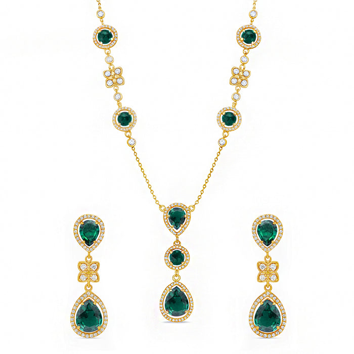 Gold-plated 925 Sterling Silver emerald green teardrop necklace and earrings set for women – Zavya