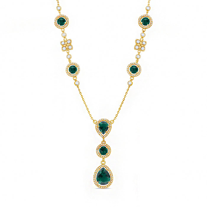 Gold-plated 925 Sterling Silver emerald necklace for women with green teardrop stones and crystal halos – Zavya
