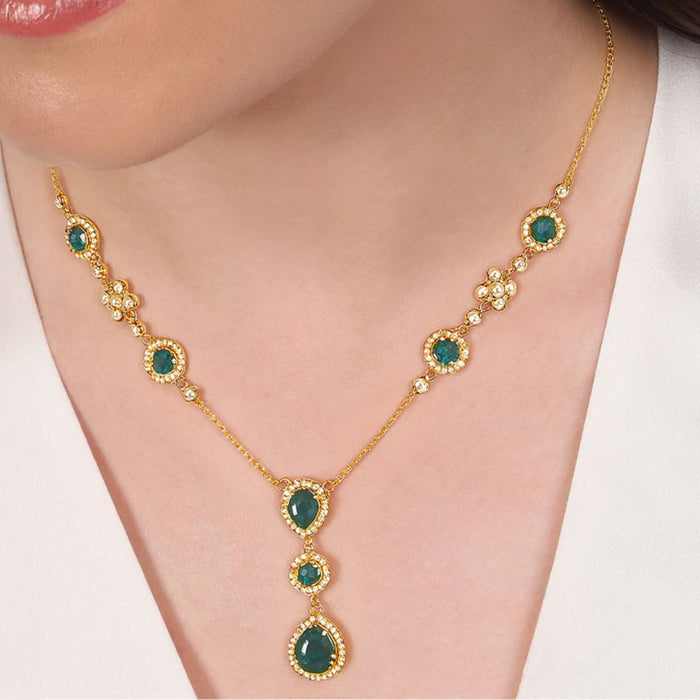 Woman wearing a gold-plated 925 Sterling Silver emerald drop necklace with green stones, jewellery for women – Zavya