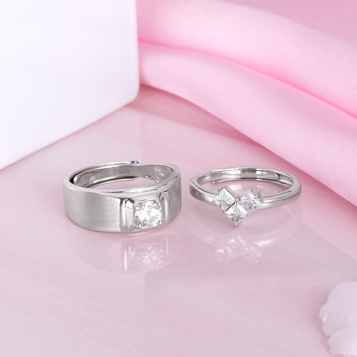 Enchanted Union Rhodium-Plated 925 Sterling Silver Solitaire Couple Ring (Adjustable)