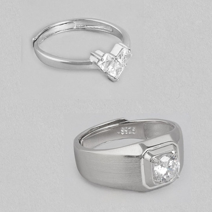 Enchanted Union Rhodium-Plated 925 Sterling Silver Solitaire Couple Ring (Adjustable)