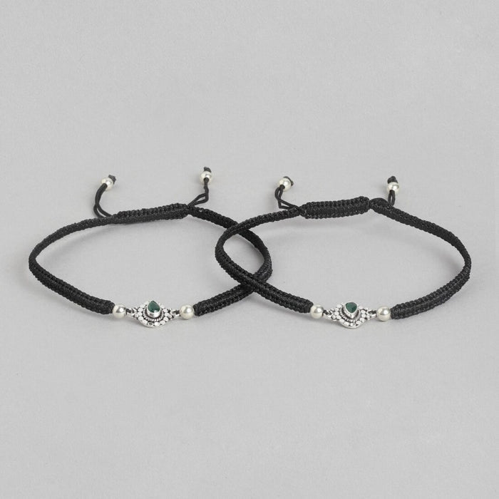 Enchanting Elegance 925 Sterling Silver Green Cubic Zirconia Anklet with Black Thread