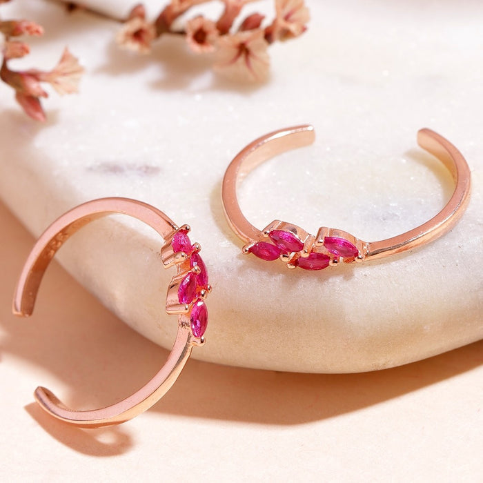 Enchanting Leaflet Pink Stone Rose Gold Plated 925 Silver Toe Ring