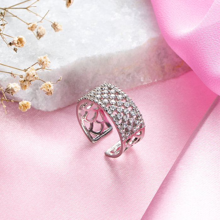 Enigmatic Elegance Rhodium-Plated 925 Sterling Silver Abstract Ring (Adjustable)