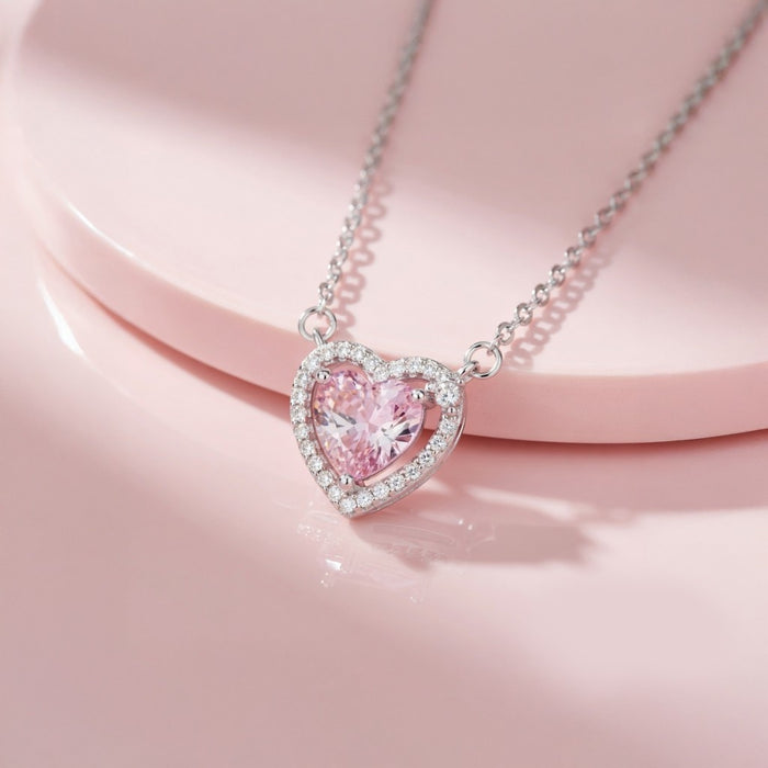 Eternal Blush Rhodium Plated 925 Silver Heart Necklace